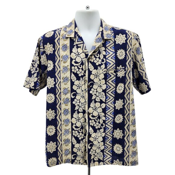 Vintage Royal Creations Mens Medium Hawaiian Shirt Floral Turtle Tropical Blue - Picture 1 of 7
